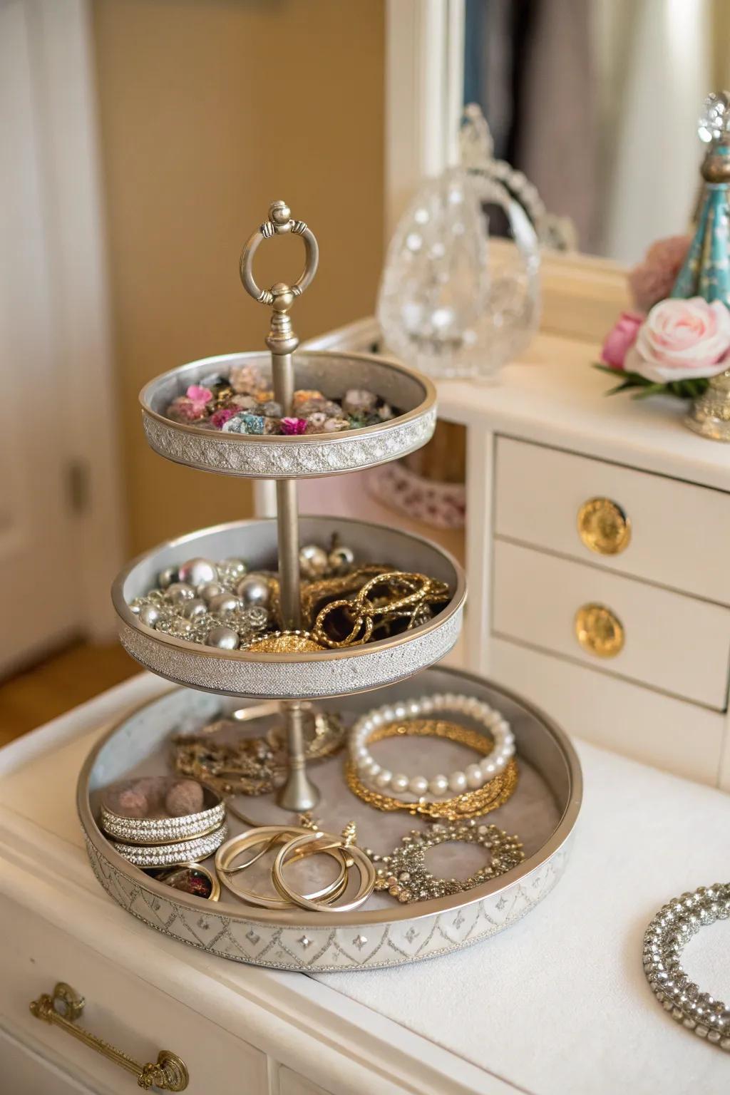 A tiered stand for layered jewelry display