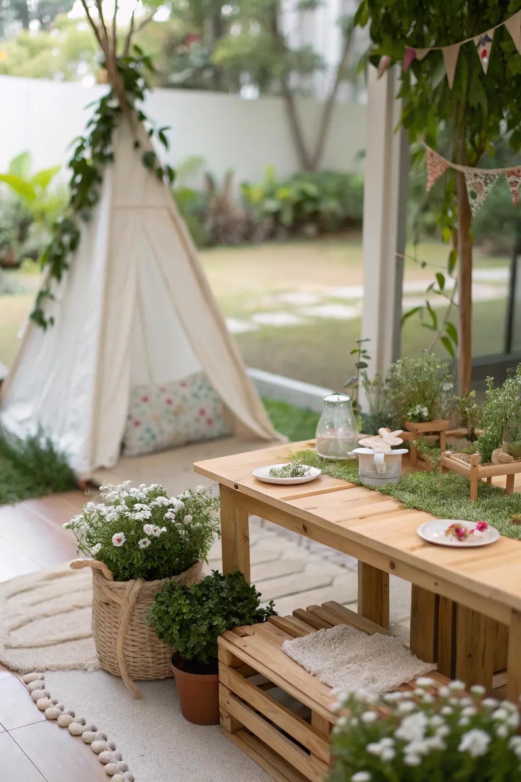 A woodland-inspired table, joining indoor play with open-air charm.