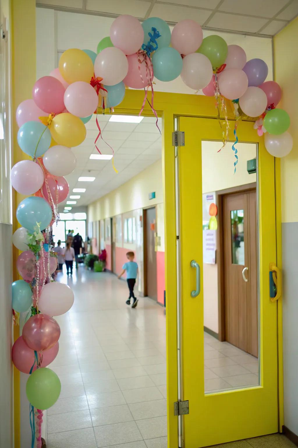 A kindergarten portal brimming with kaleidoscopic aerostat decorations.