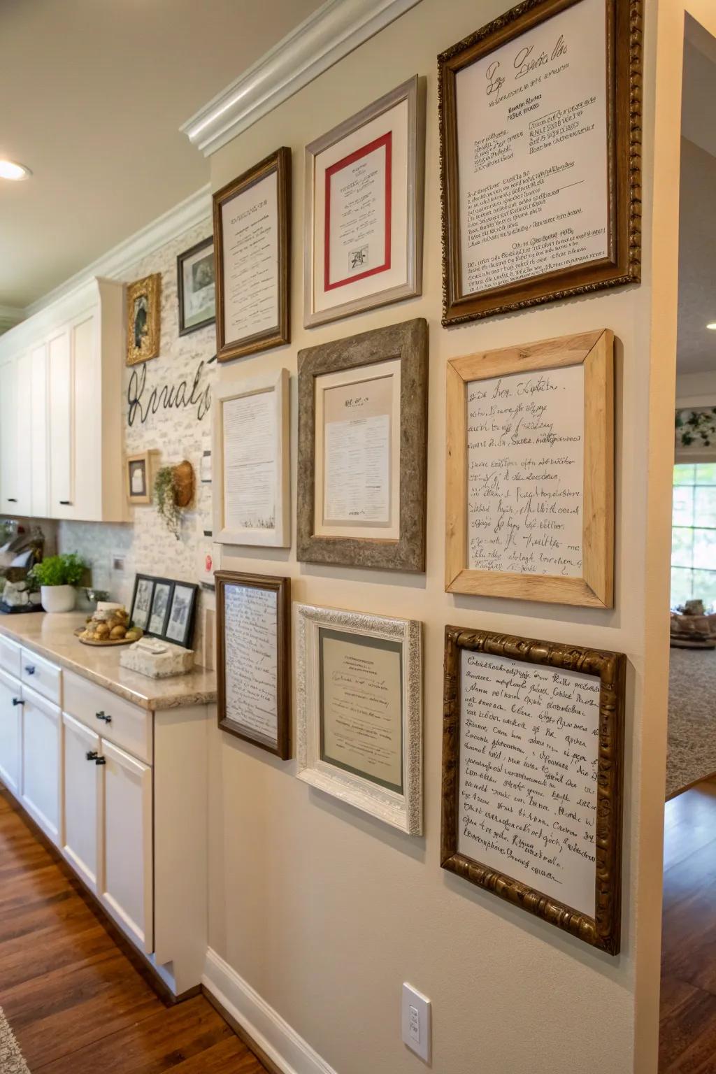 Framed family recipes offer a warm reminder of past generations.