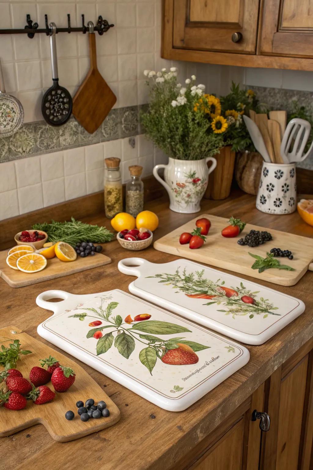 Themed arrangements create a cohesive and stylish ambiance in the kitchen.