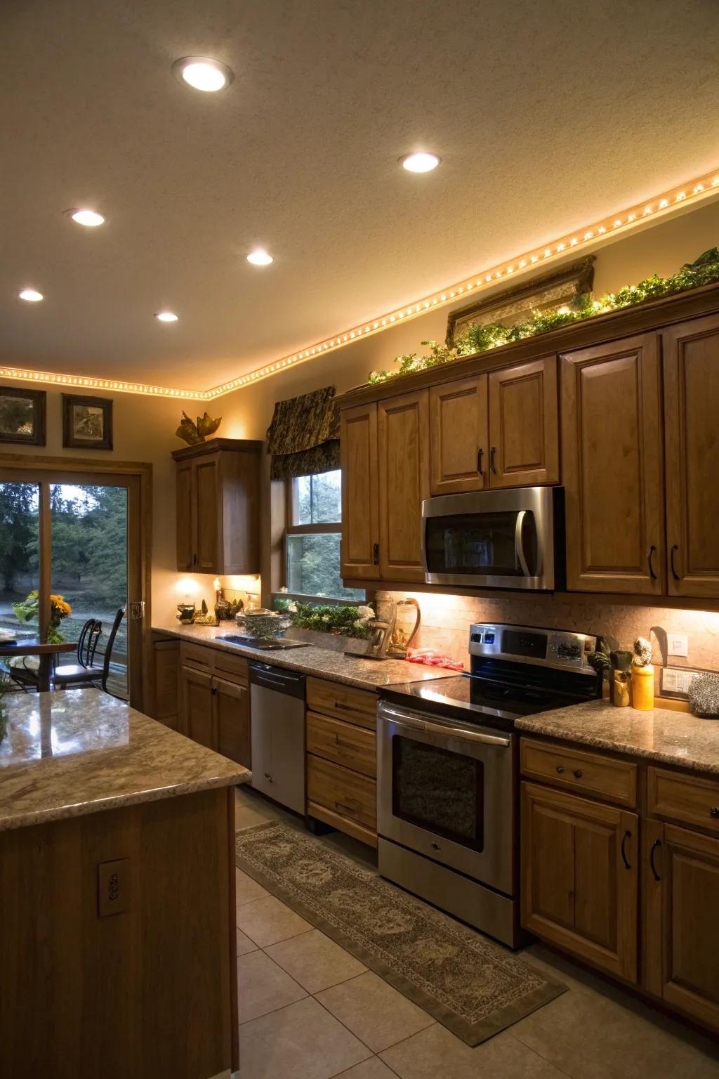 Diode lights above molding improve the ambiance.