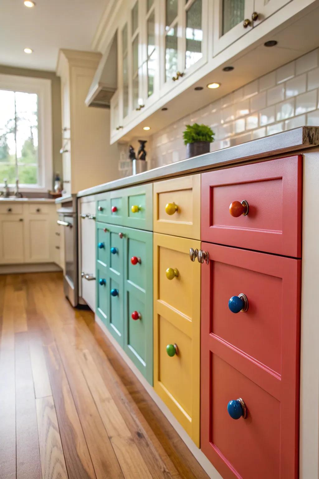 Colorful hardware instantly brightens up the kitchen décor.