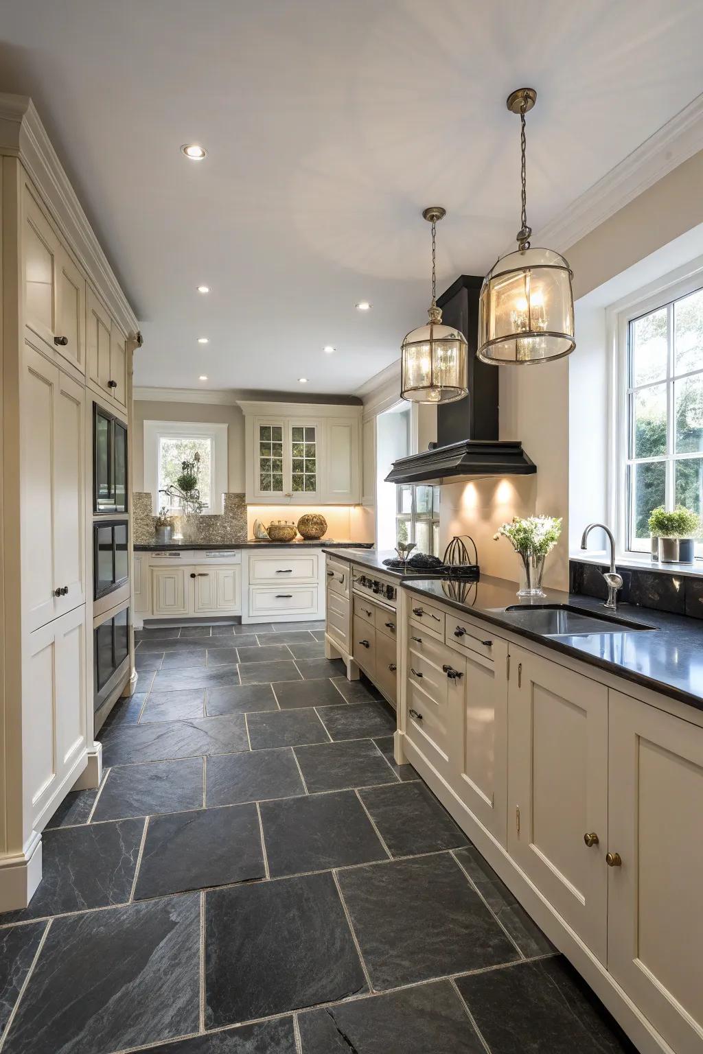 Dark stone floor coverings add drama and sophistication.