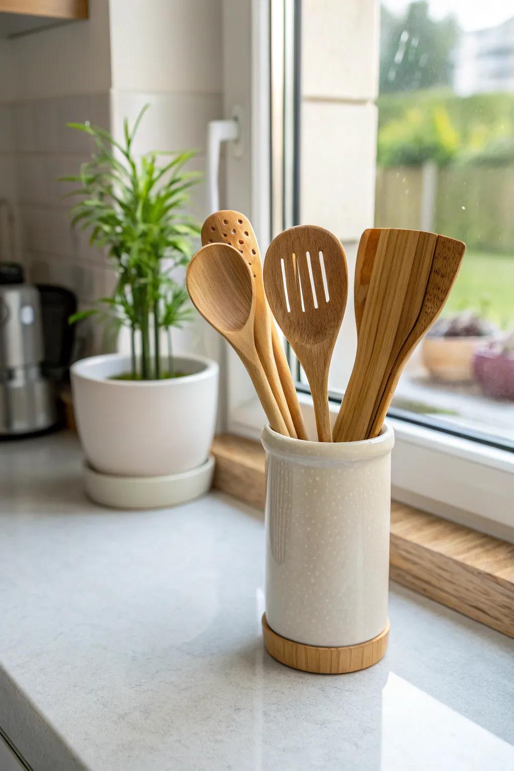 Bamboo utensils provide an environmentally friendly option for daily cooking.