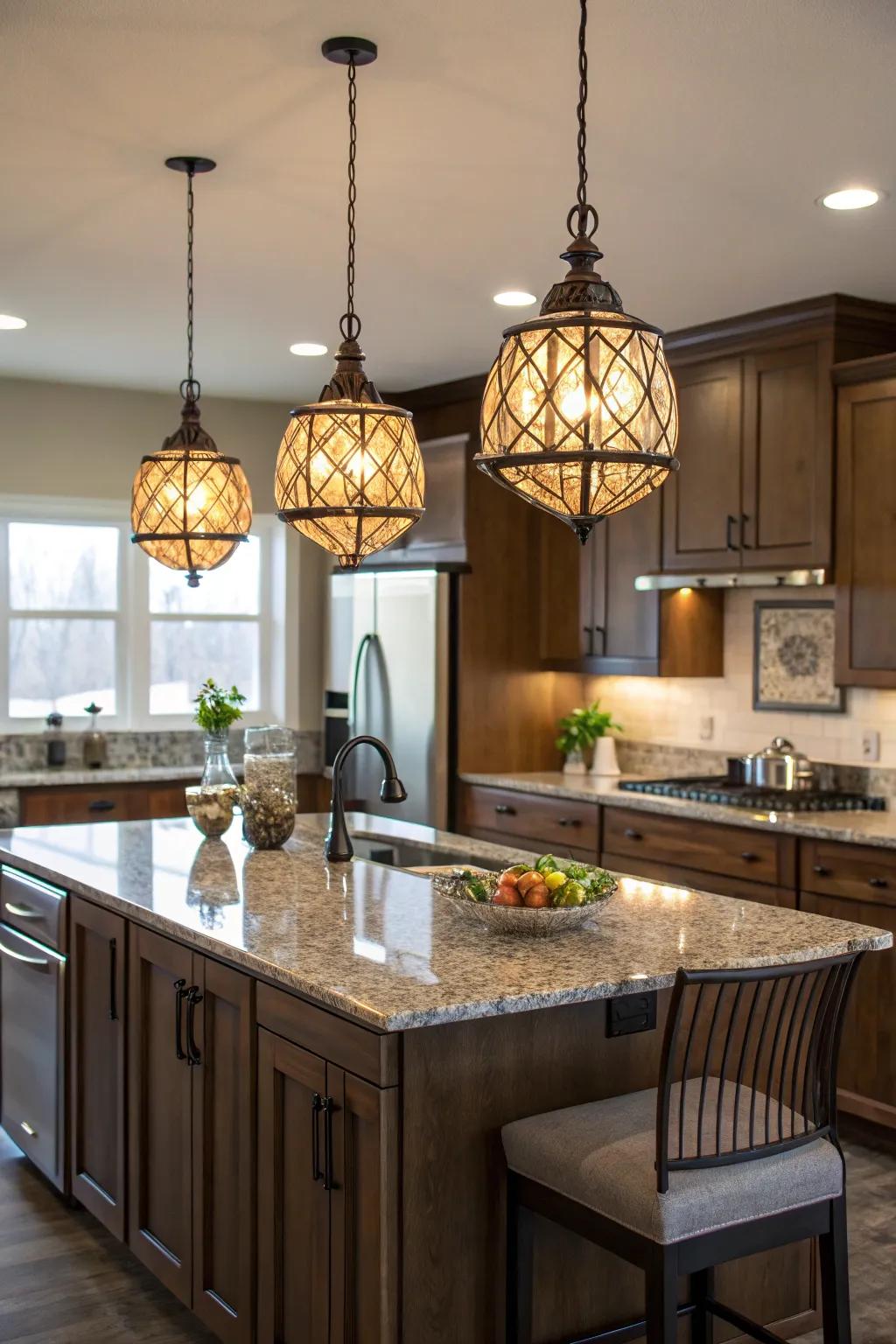 Pendant lighting infuses style and effectively delineates spaces.
