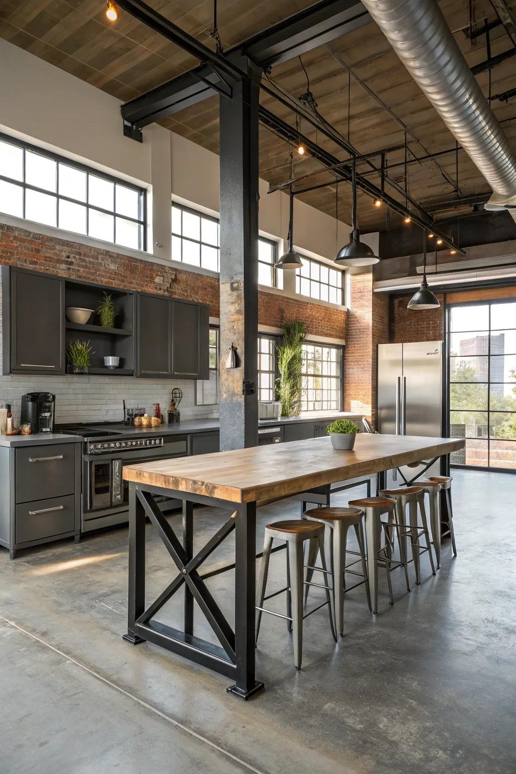 An industrial vibe for a bold kitchen island dining setup.