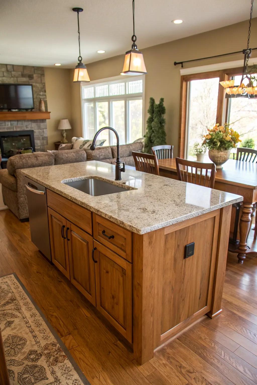 An exquisite blend of wood and stone featured in a kitchen island design.