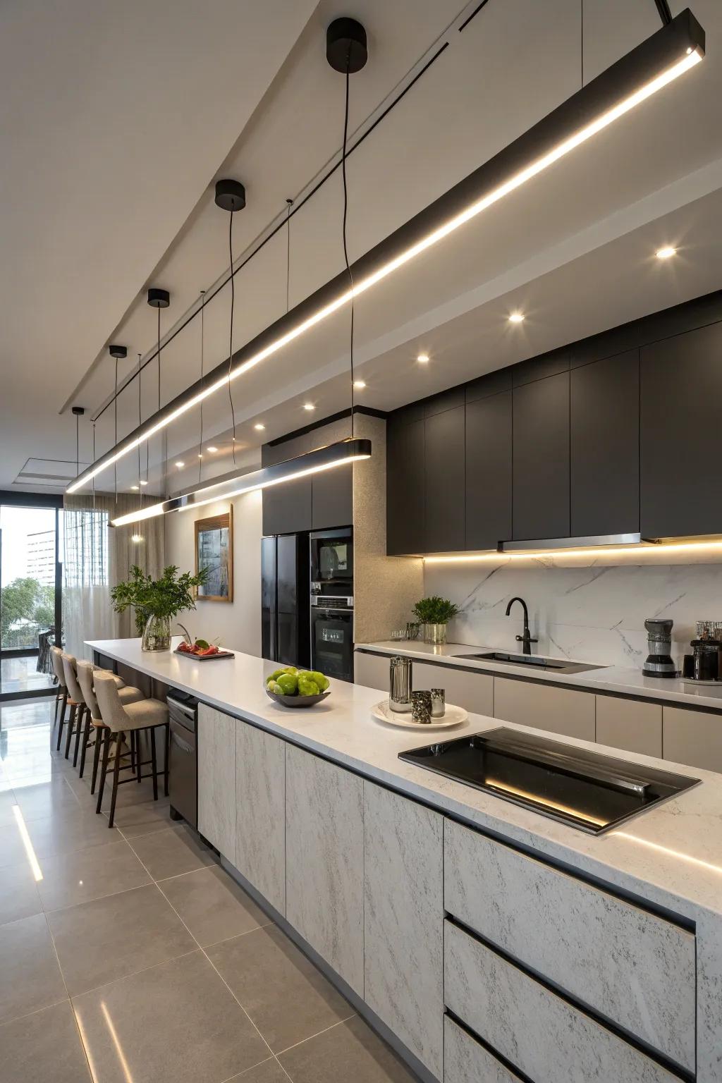 Linear lighting offers smooth and even illumination over kitchen counters.