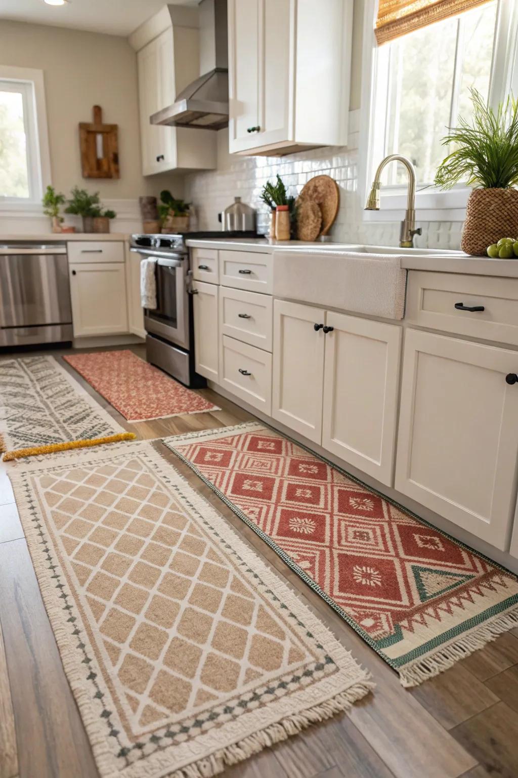 Layering carpets with different designs adds depth and character to your kitchen.