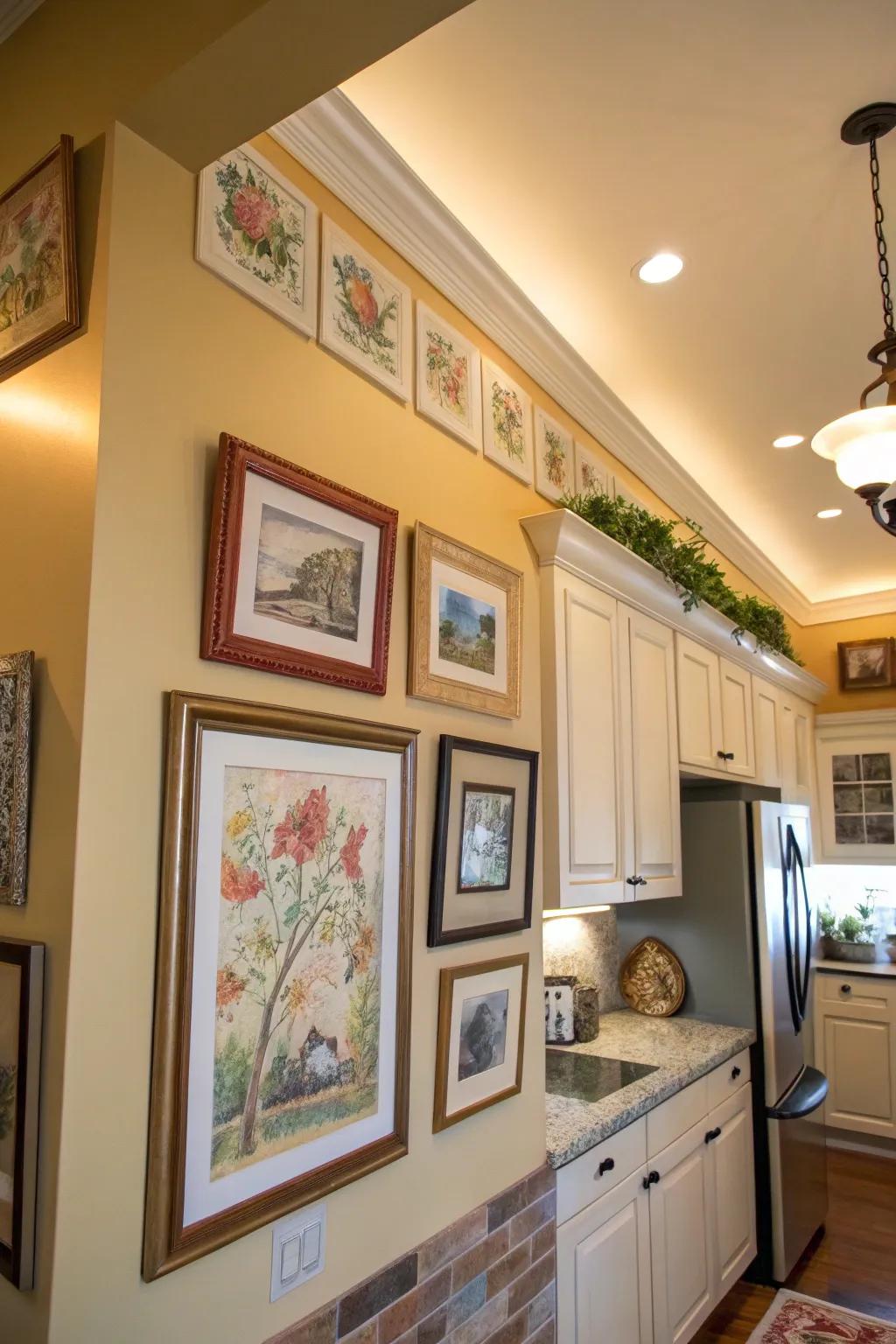 Artwork is displayed on a kitchen soffit, which adds a personal and artistic element.
