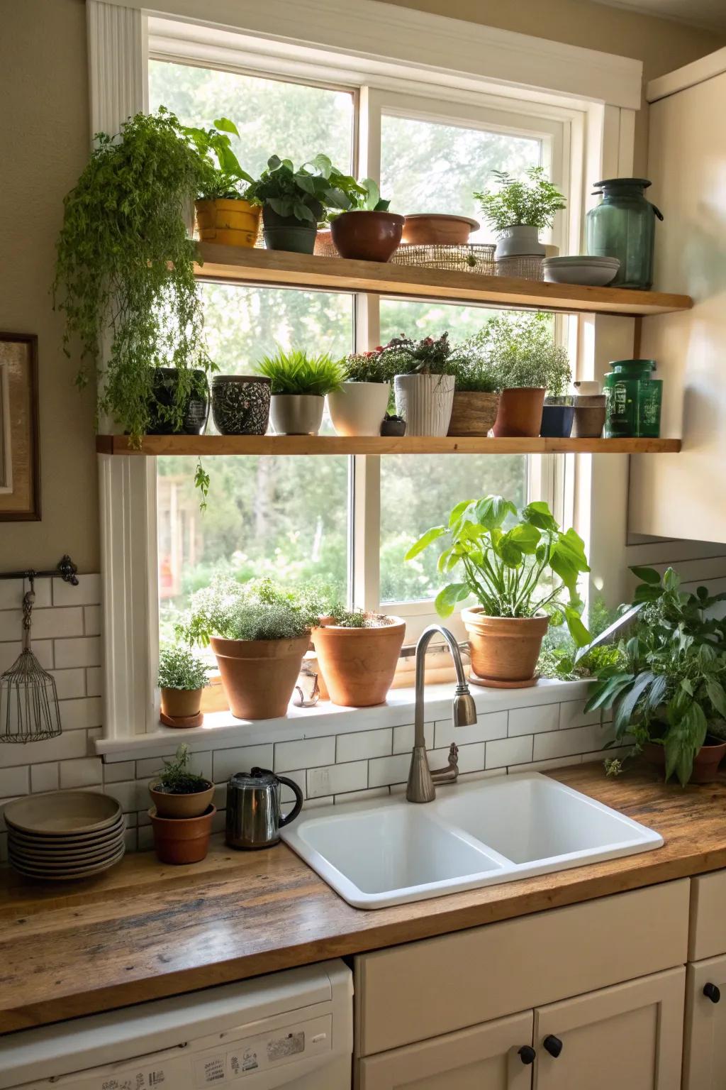 Integrated shelving beneath a kitchen window featuring decorative plants.