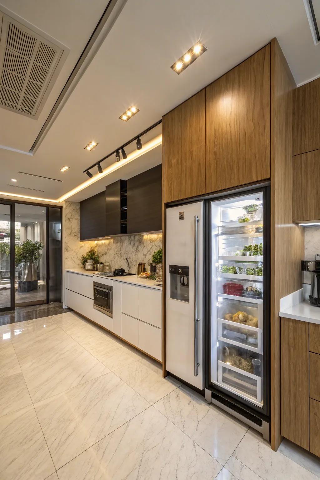 A refrigerator is strategically situated to partition the cooking area and dining area in a unified, open-concept layout.