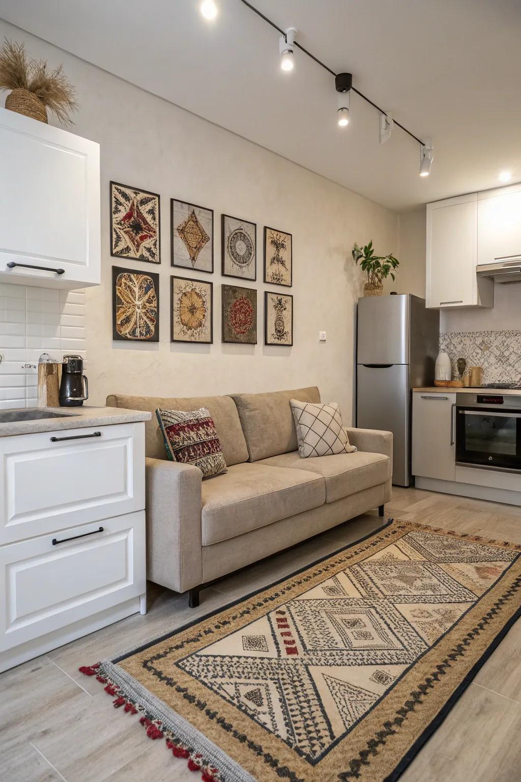 A cooking area with a coordinated settee space, featuring corresponding floor coverings and wall adornments for cohesion.