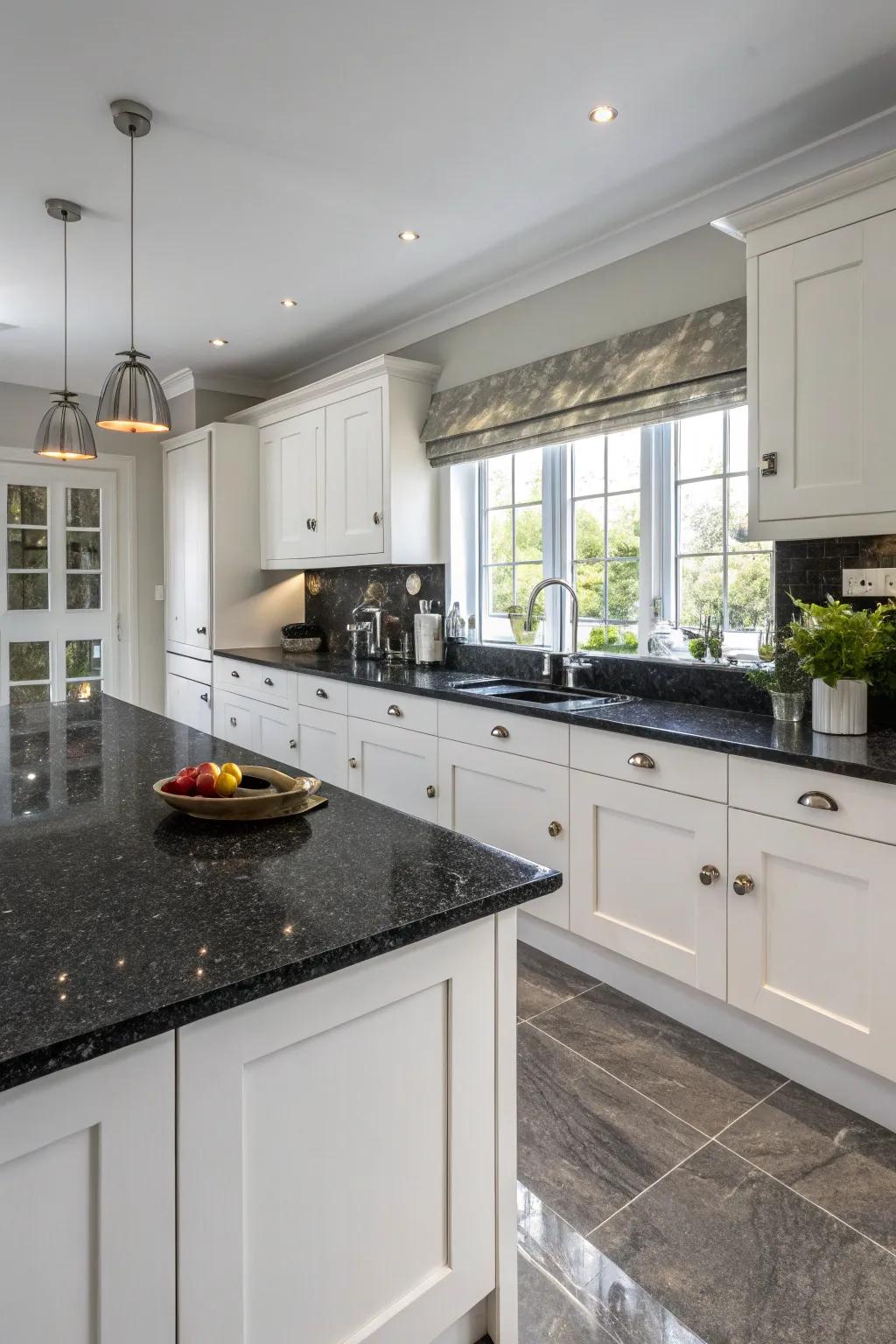 Dark worktops evoke a sense of drama and refinement.
