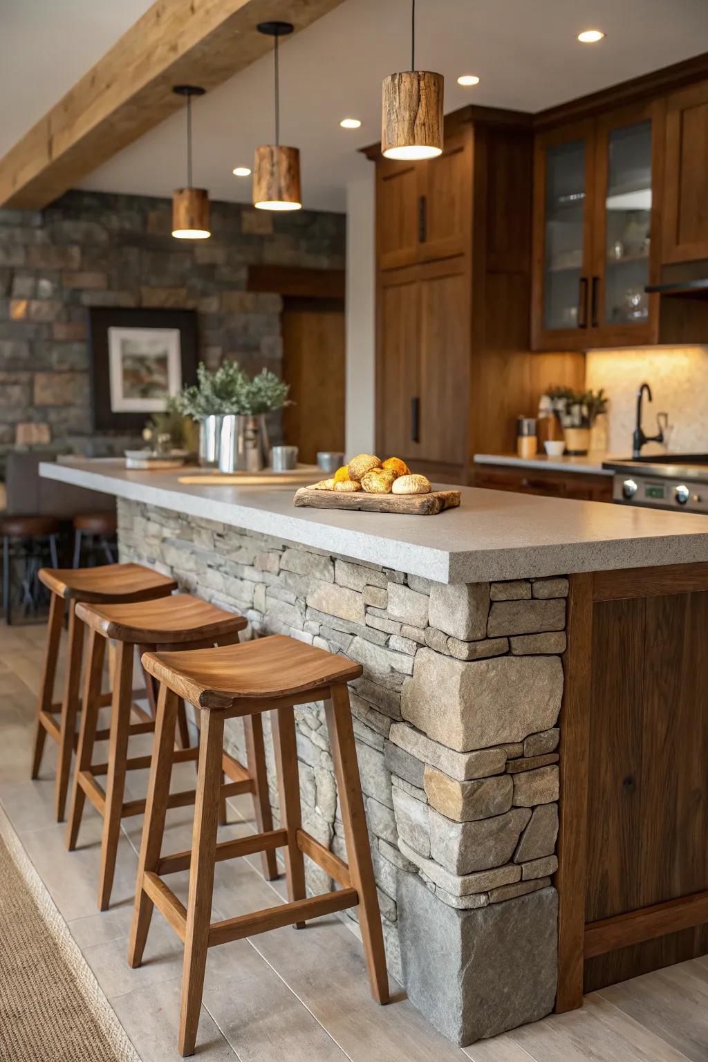 A breakfast bar displaying a blend of timber and stone elements.