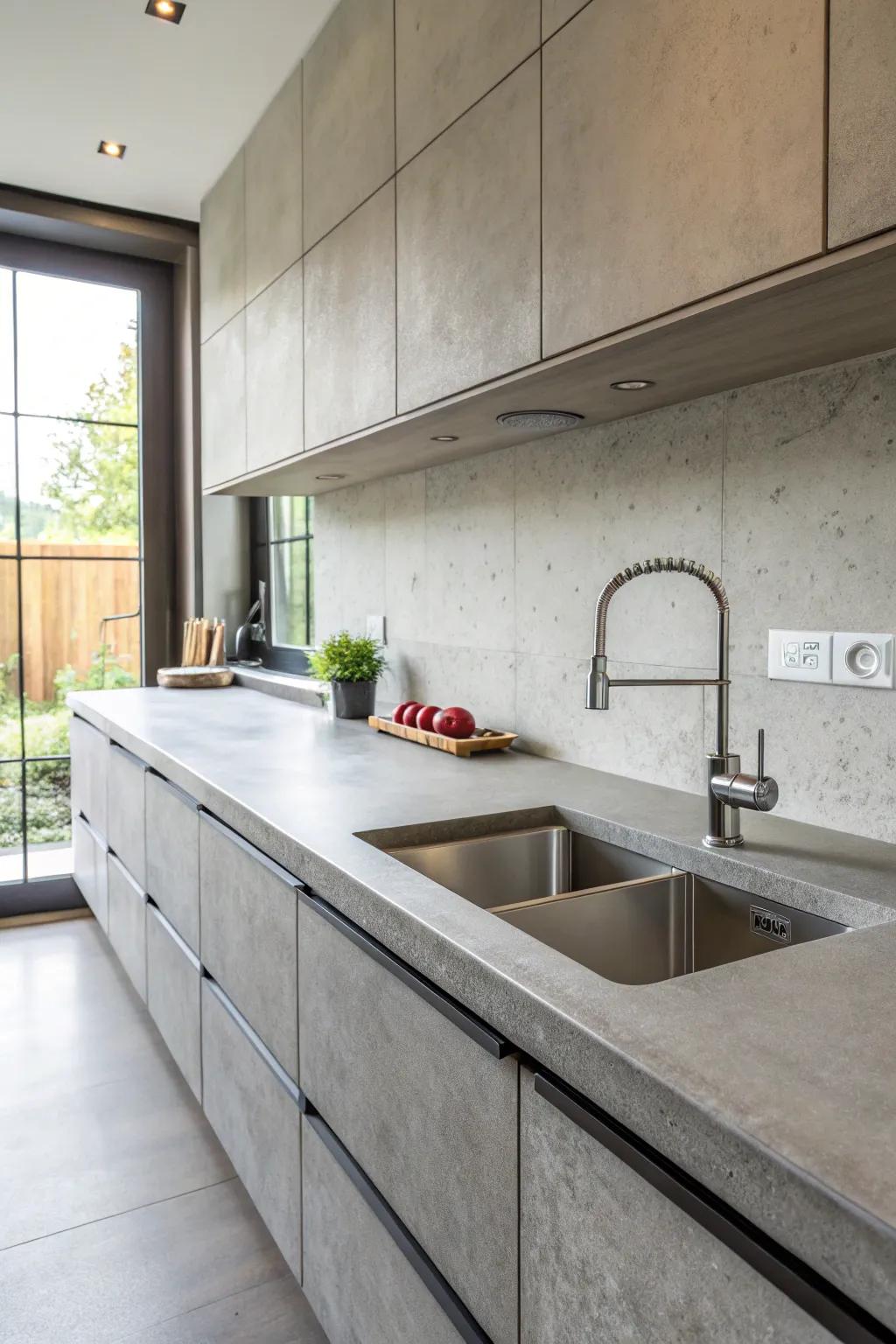 A kitchen where concrete worktops seamlessly integrate with the sink and backsplash.