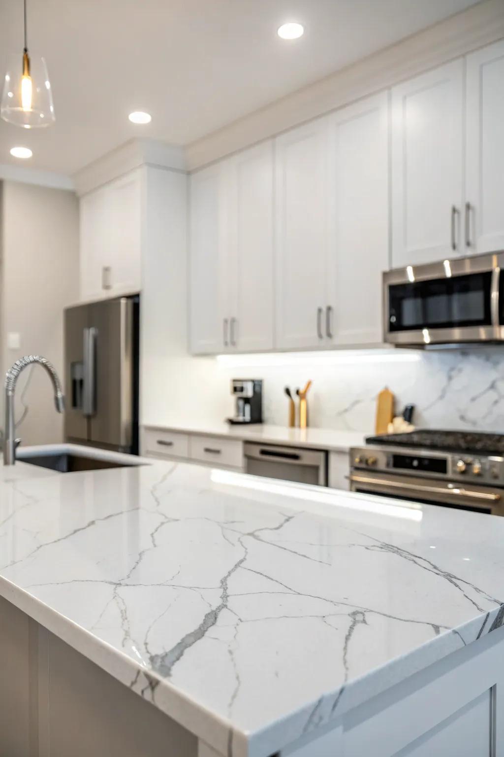 Opulent yet undemanding marble-esque quartz worktops.