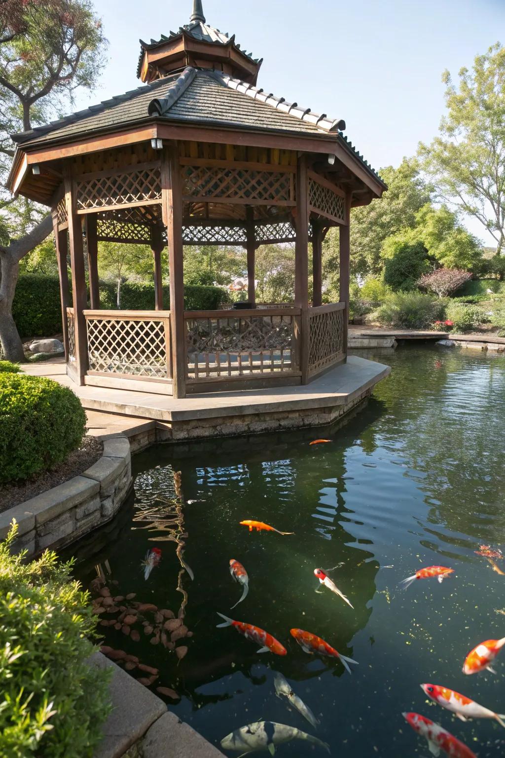 A koi pond gracefully shaded by a traditional gazebo.