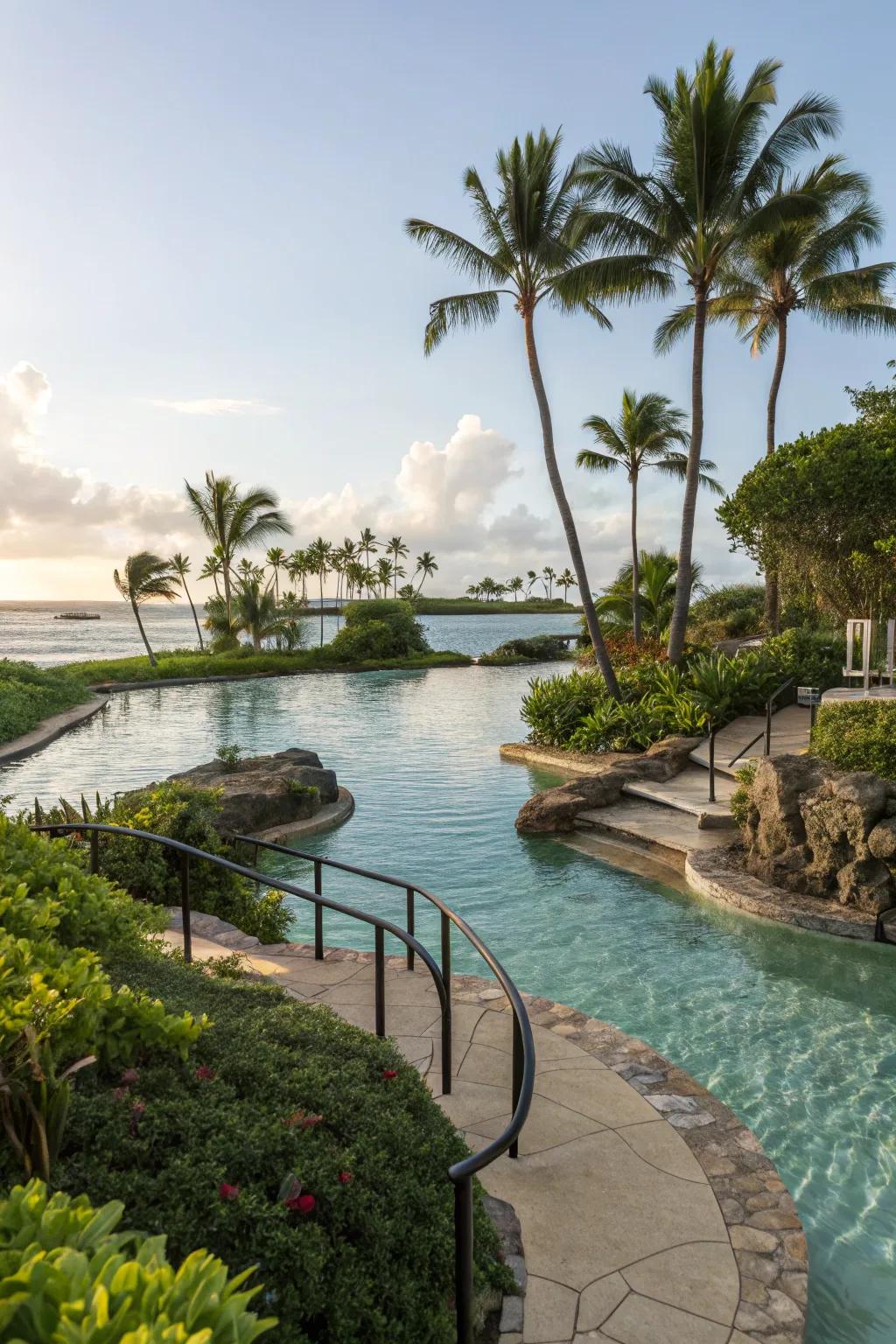 Gradual access points elevate the accessibility and allure of lagoon pools.