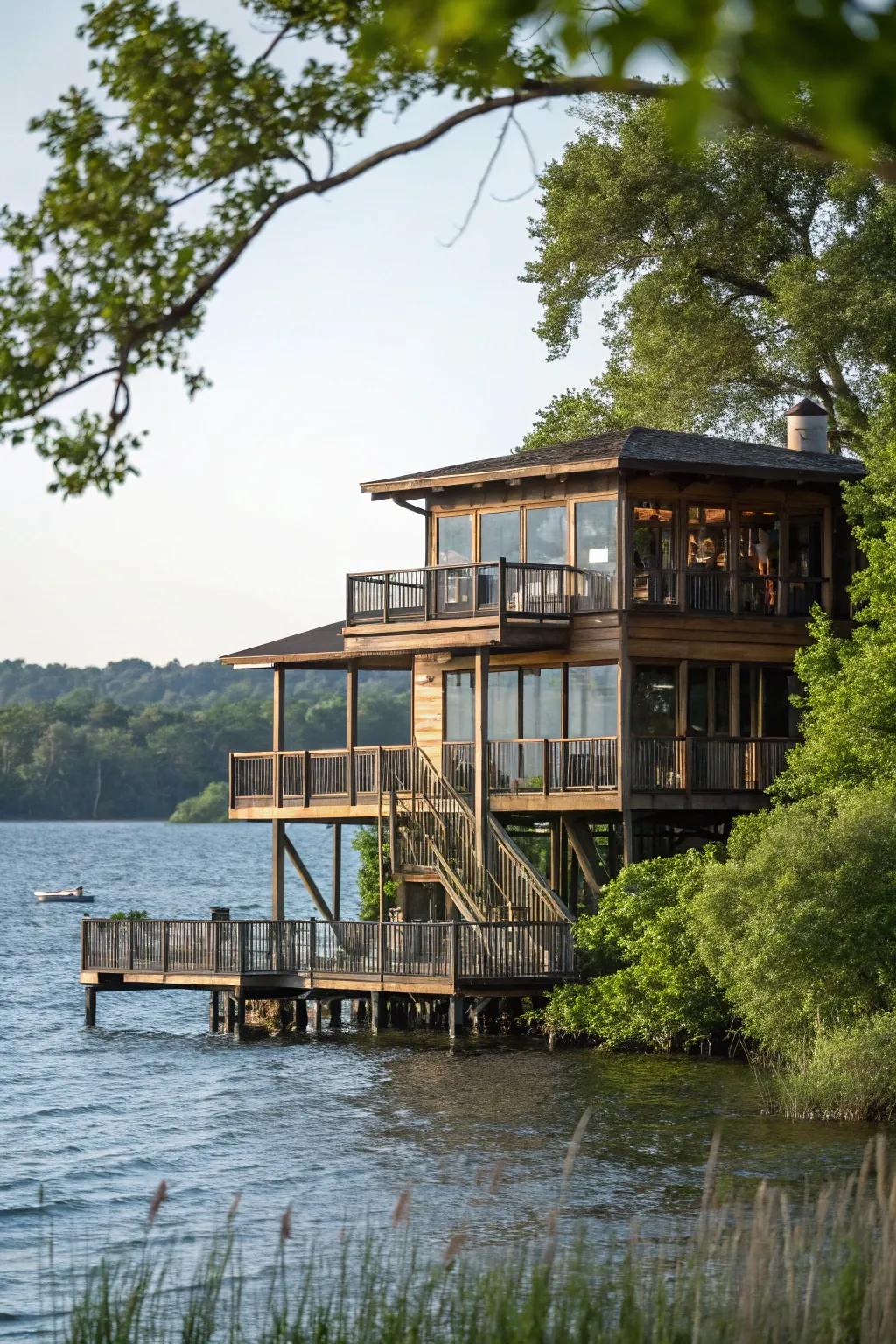A multi-tiered lake house crafted to adapt to the land.