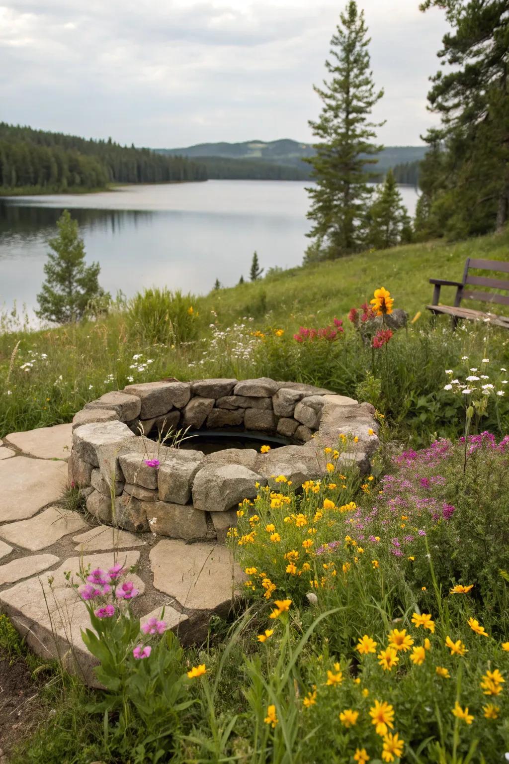 Stone materials blend beautifully with the lakeside environment.