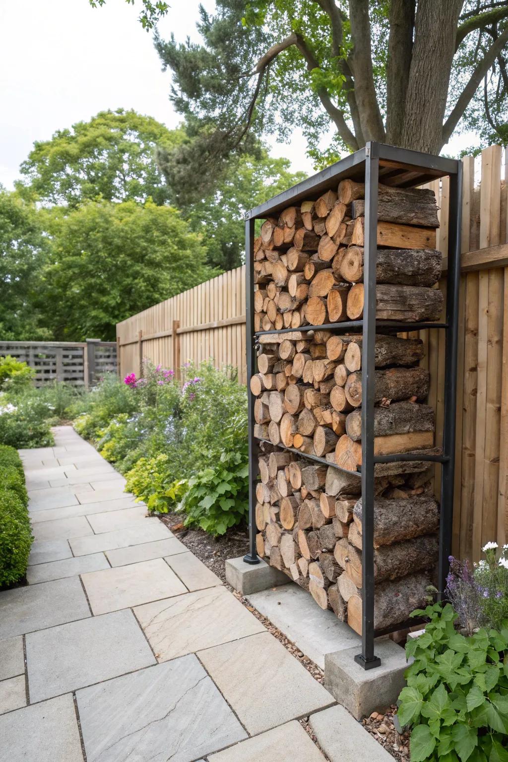 A plank firewood rack keeps wood organized and dry.