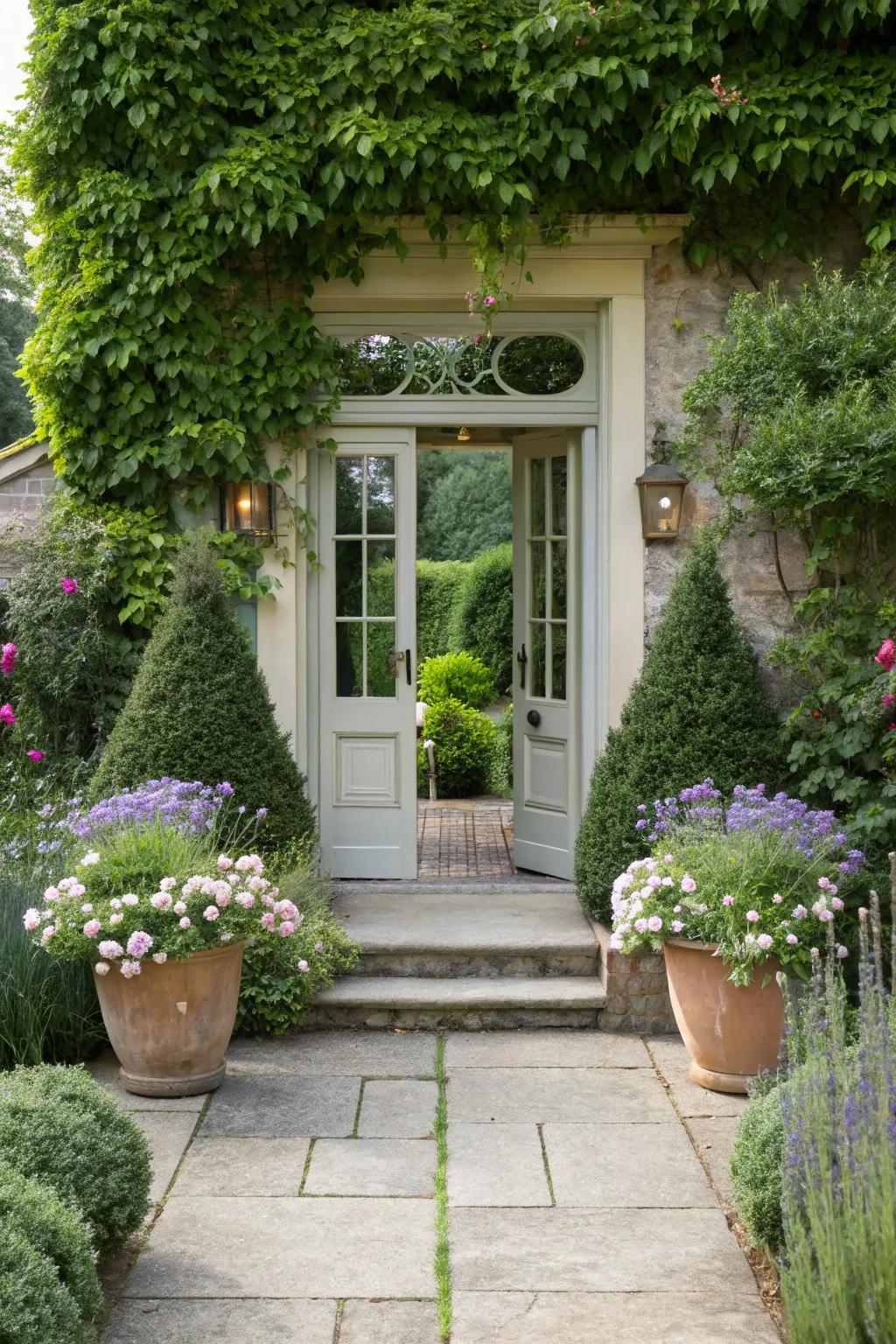 Symmetrical plantings create a stately and harmonious entrance.