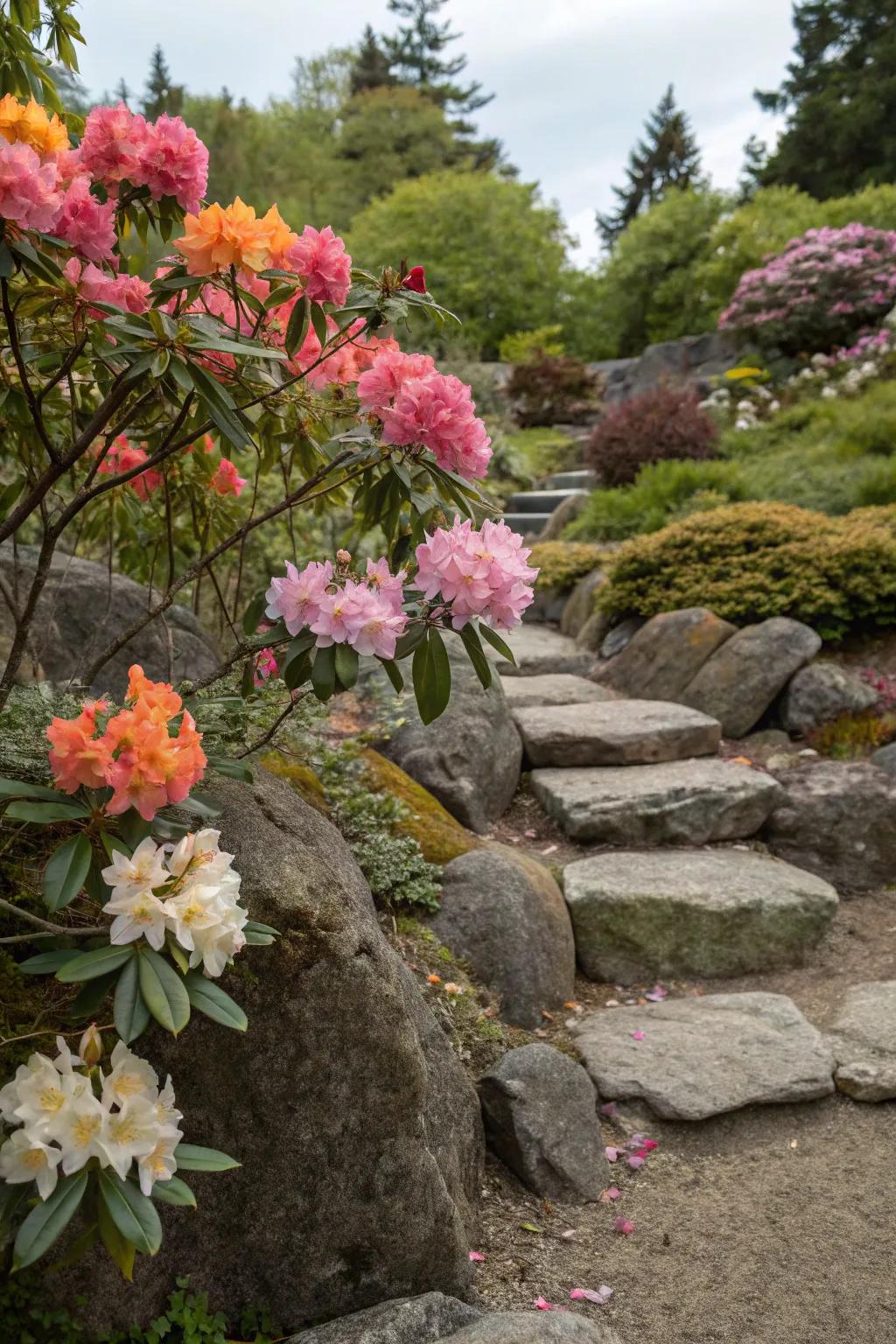 Rhododendrons contributing vibrancy to a stone garden panorama.