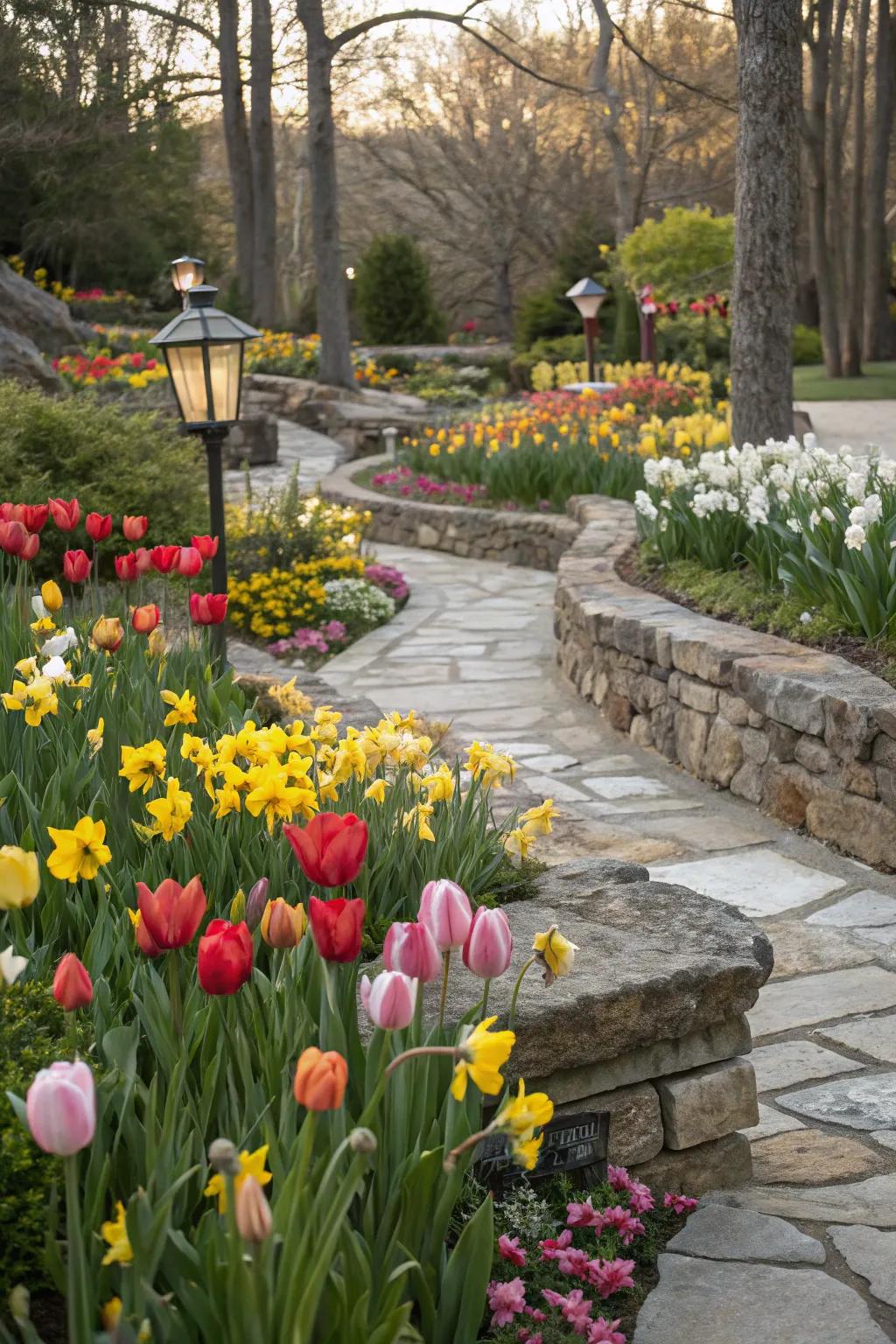 Tulips and daffodils enhanced by rustic stone elements in the garden.