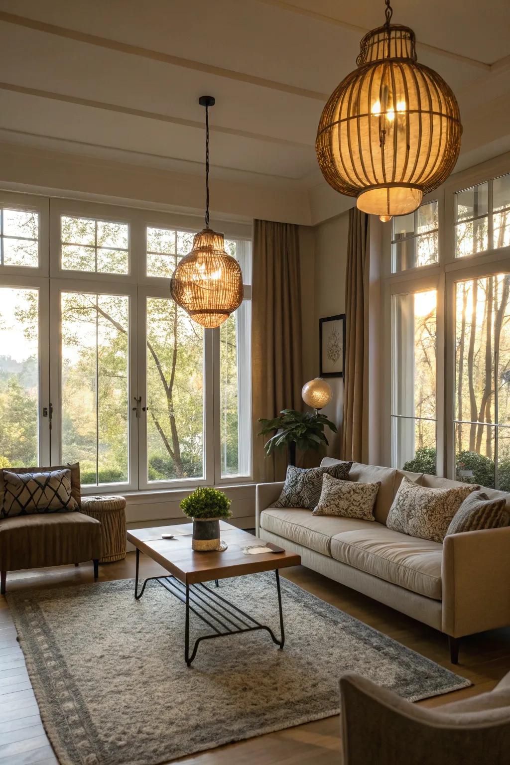 Strategic illumination that enhances the natural light from large windows.