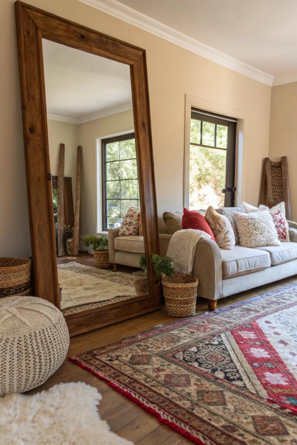 Layering fabrics around a mirror fashions a cozy, stylish space.