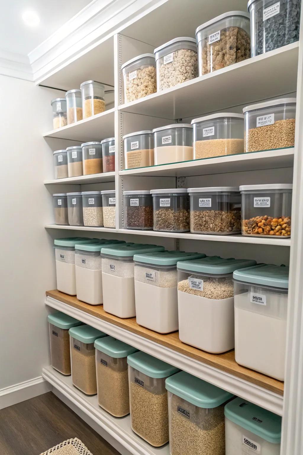 Standardized receptacles maintain a pristine and structured appearance within your pantry.