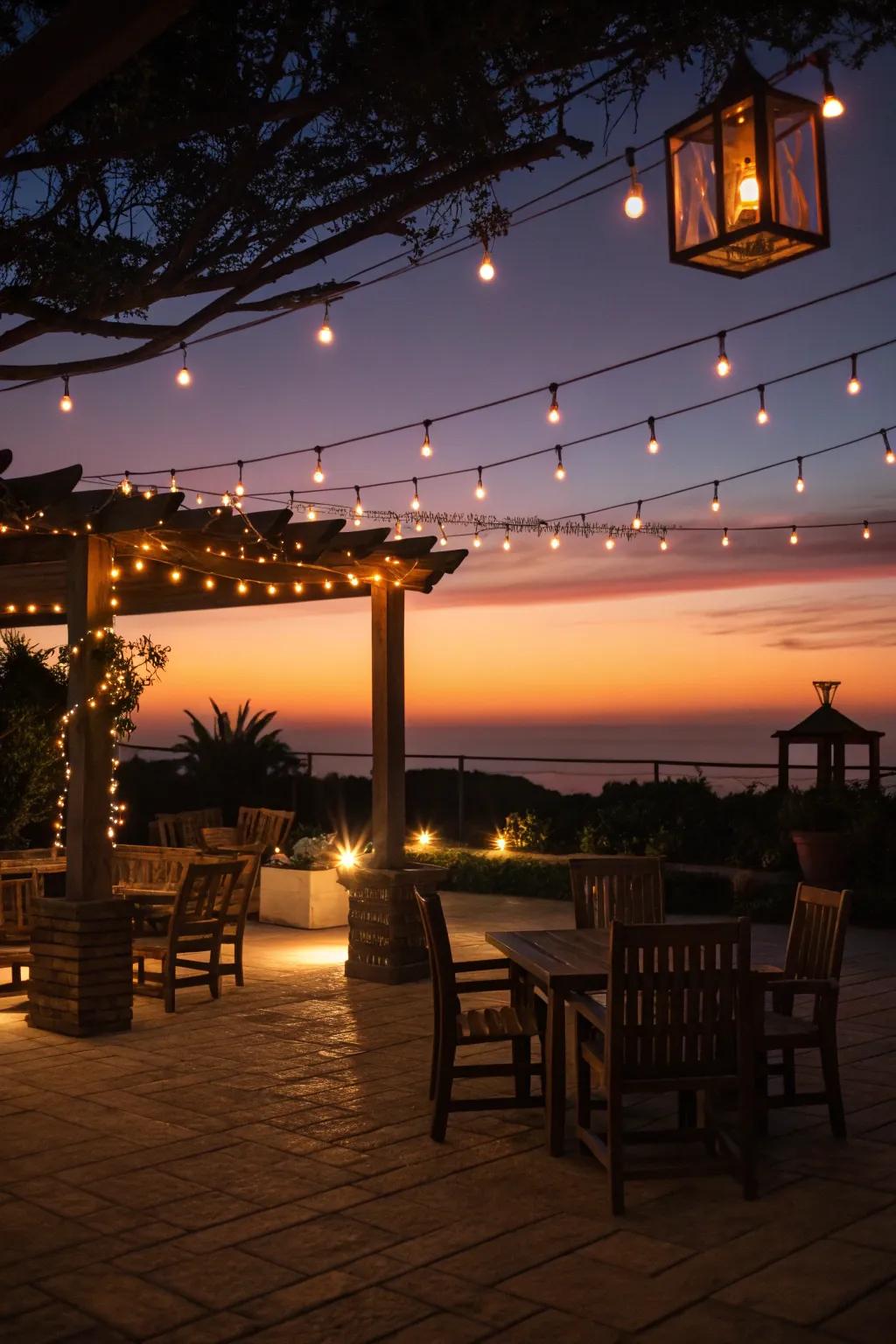 Charming lighting creates a cozy evening ambiance.