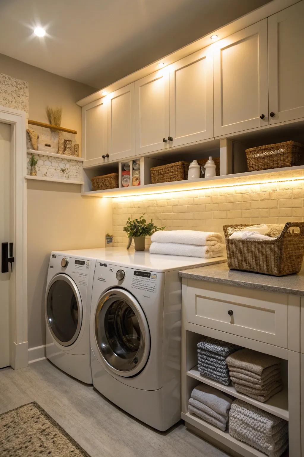 Under-cabinet illumination enhances both functionality and ambiance.