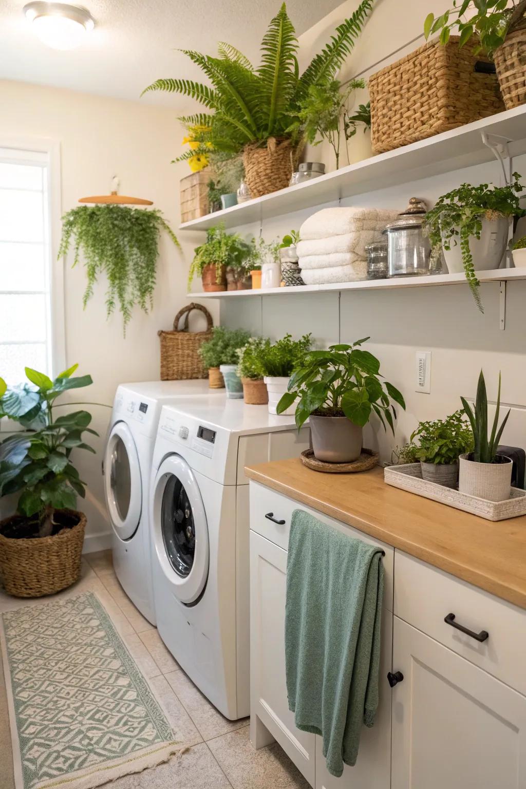 The laundry room is energized and revitalized by the presence of greenery.