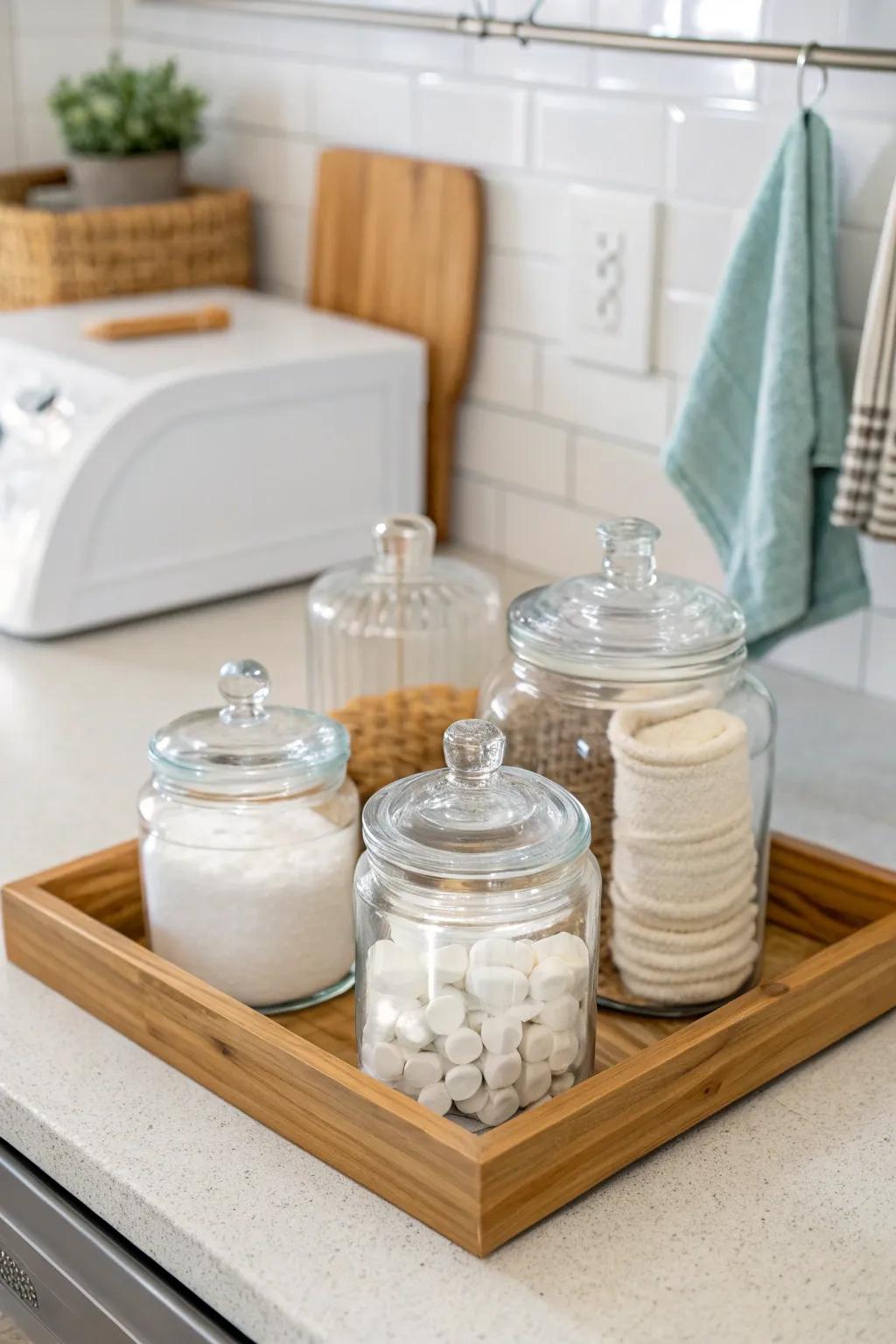 A timber tray aids in crafting an ordered countertop presentation.