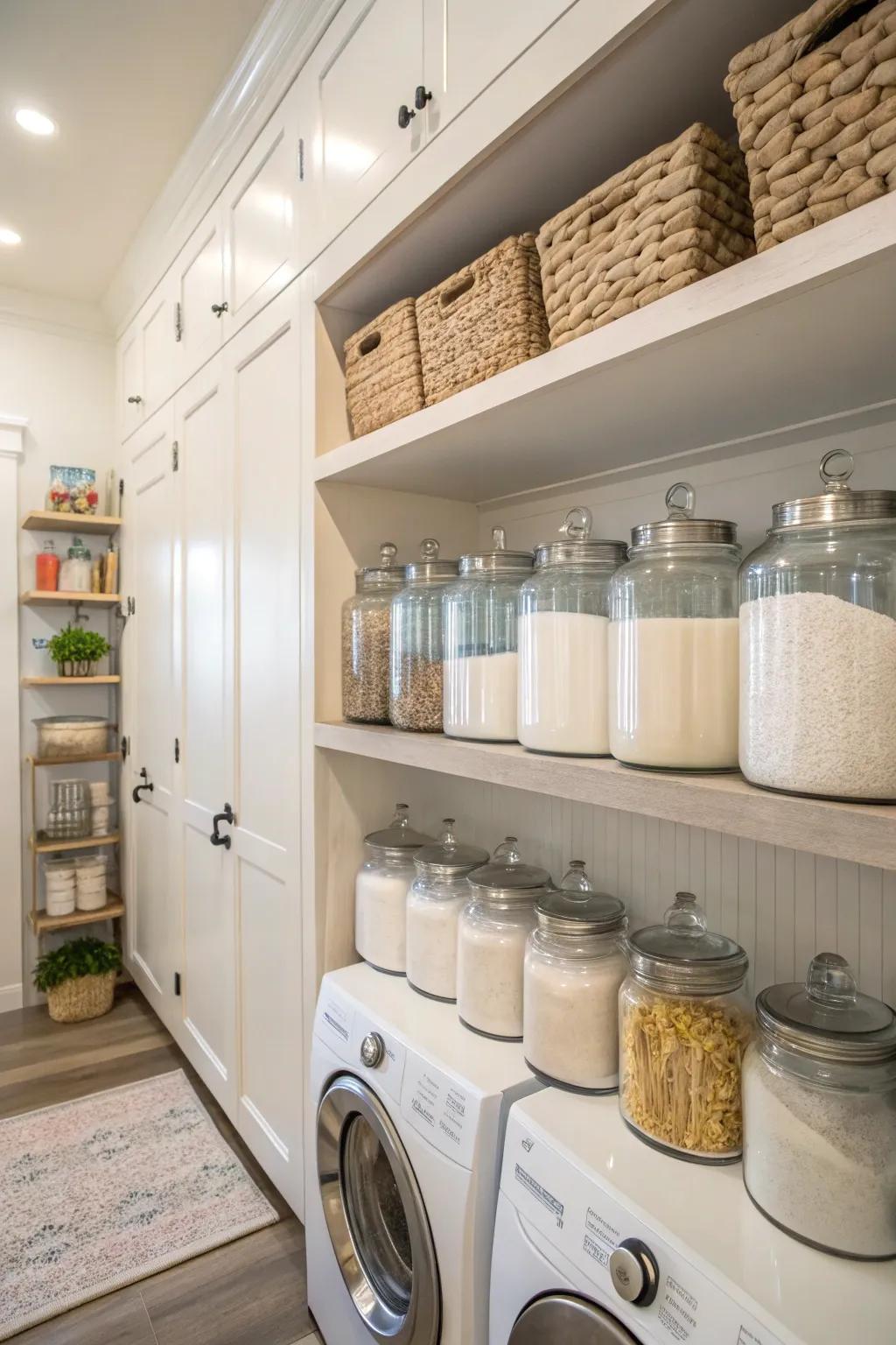 Glass vessels offer an elegant way to store laundry essentials.