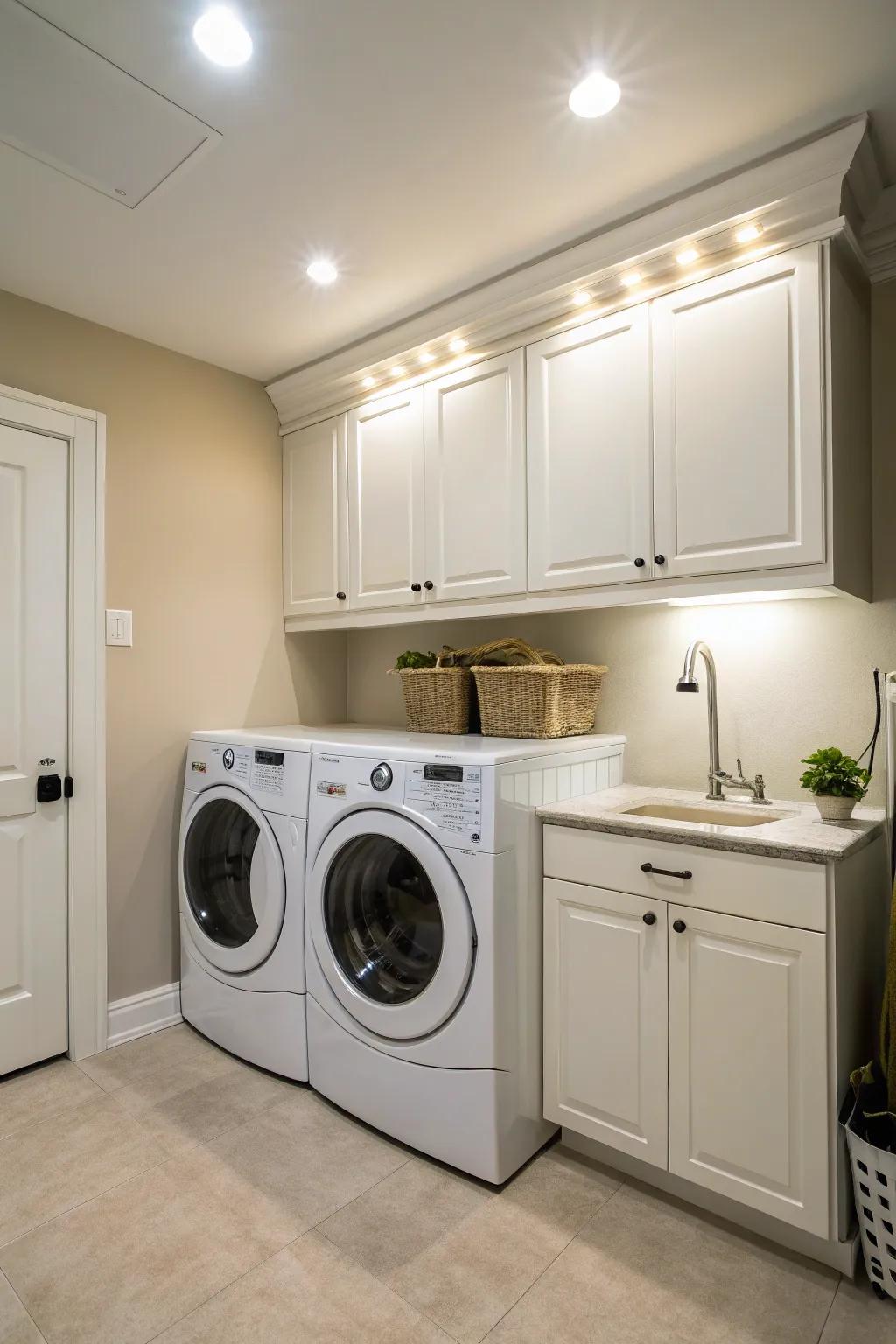 Illuminate a laundry space through installing under-shelf lights.