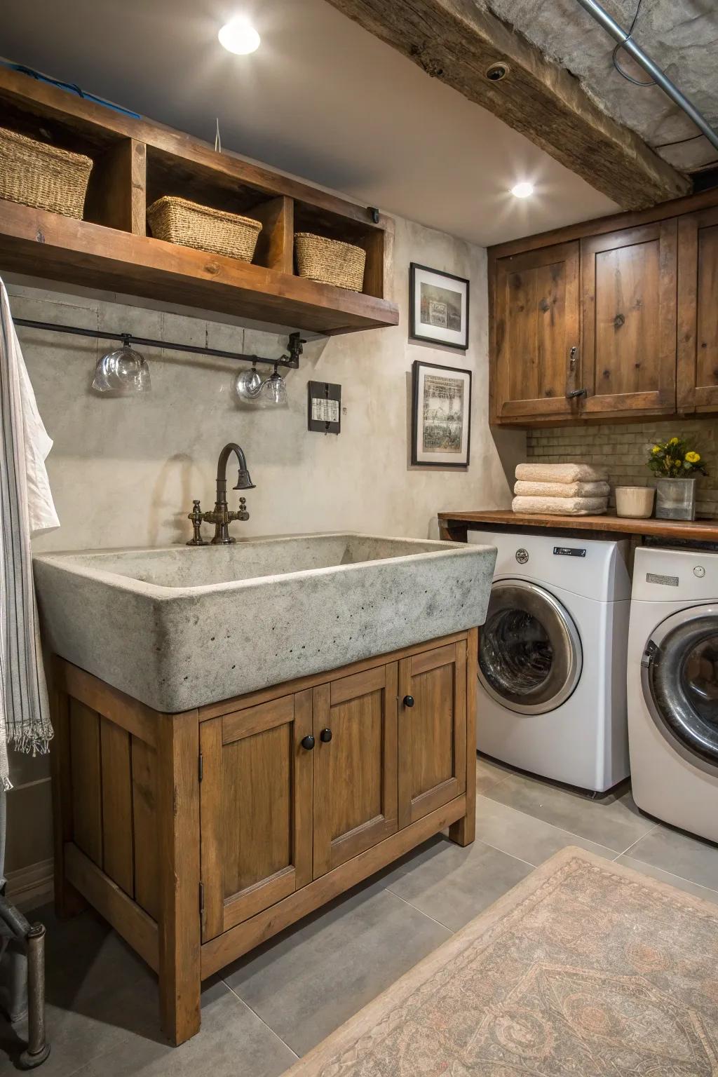 Cement washbasins offer industrial charm and durability.