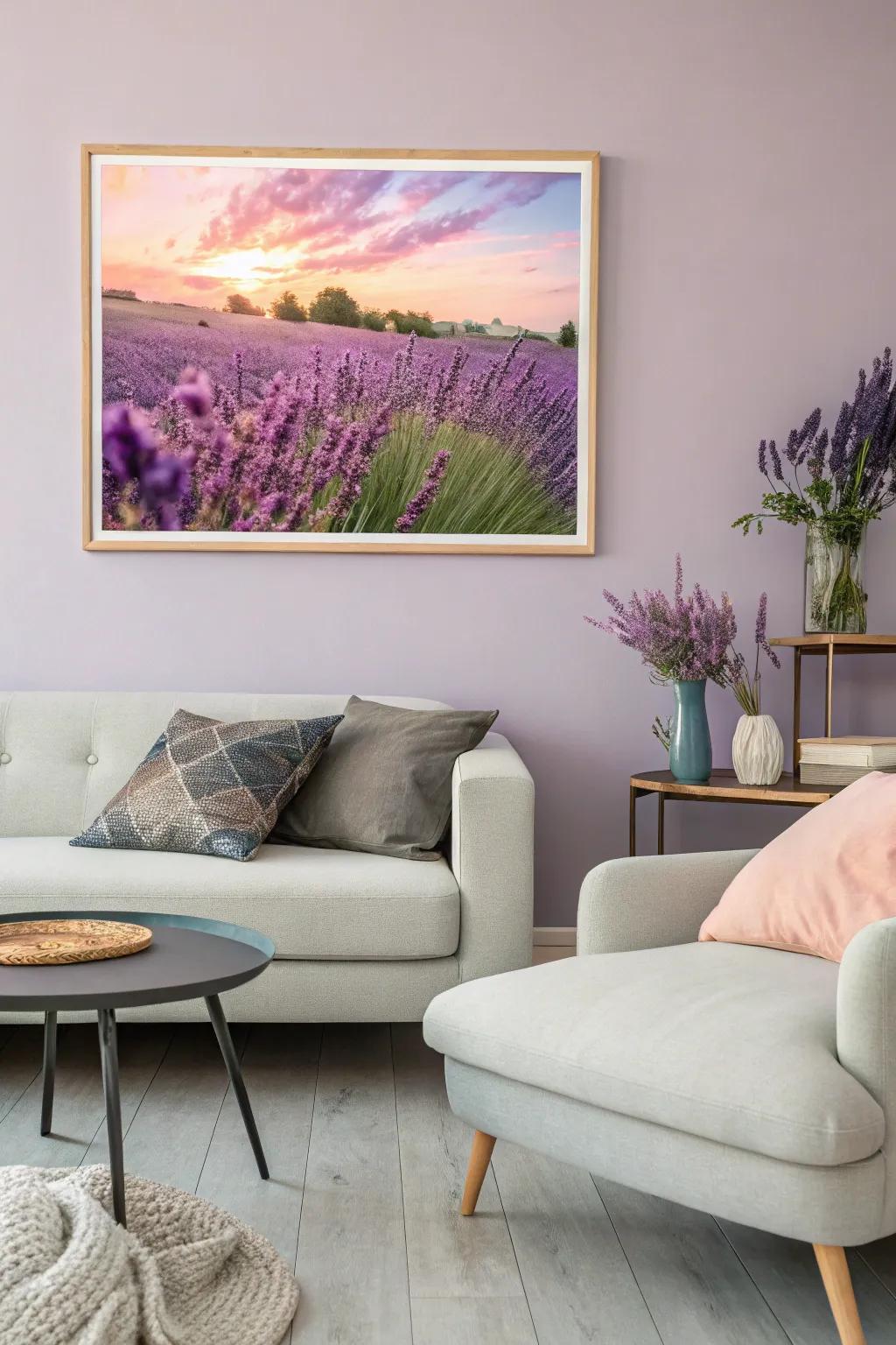Lavender artwork that enhances the home's decor.