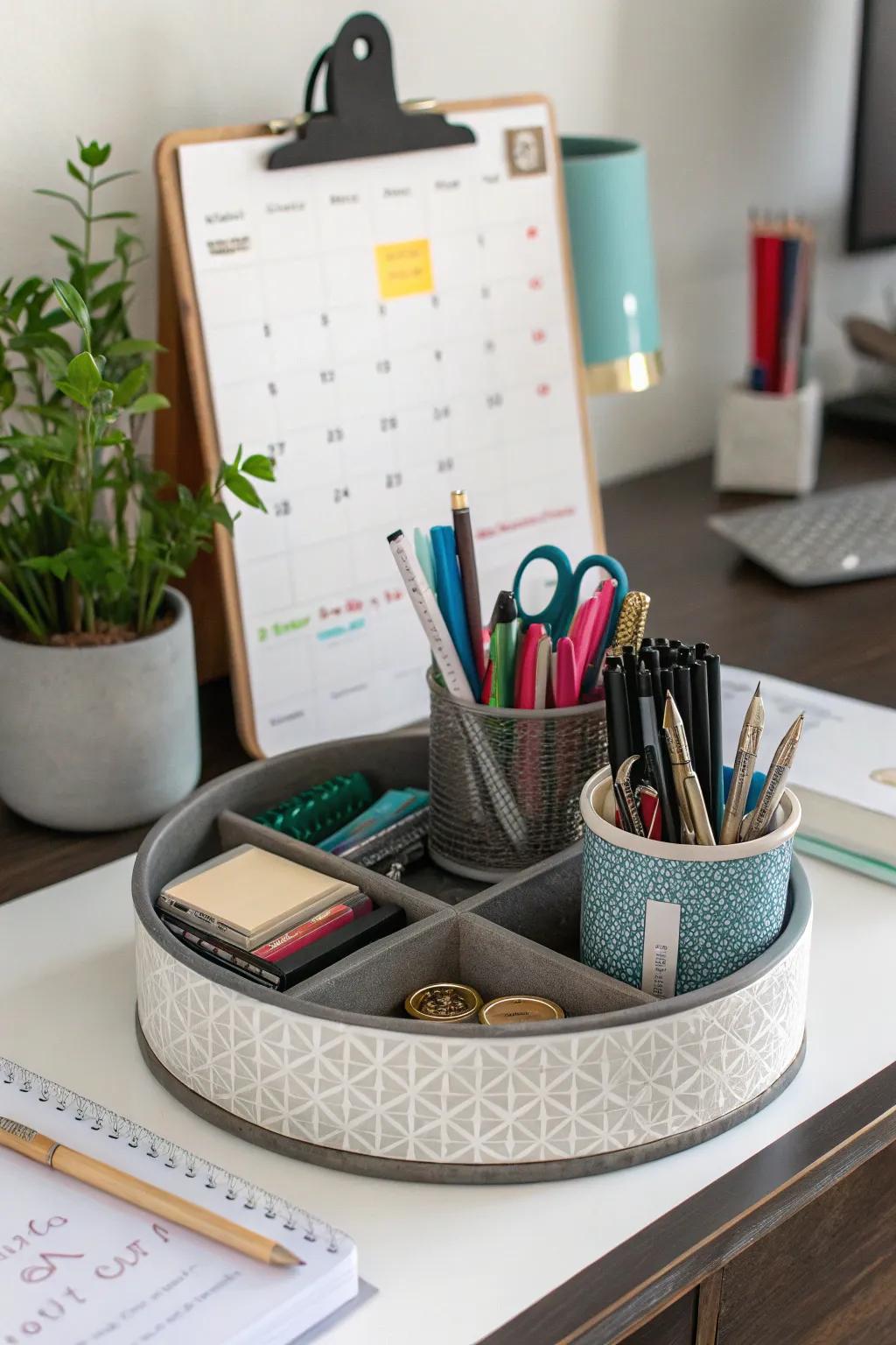 An orderly office desk showcasing a spinning organizer stocked with key supplies.