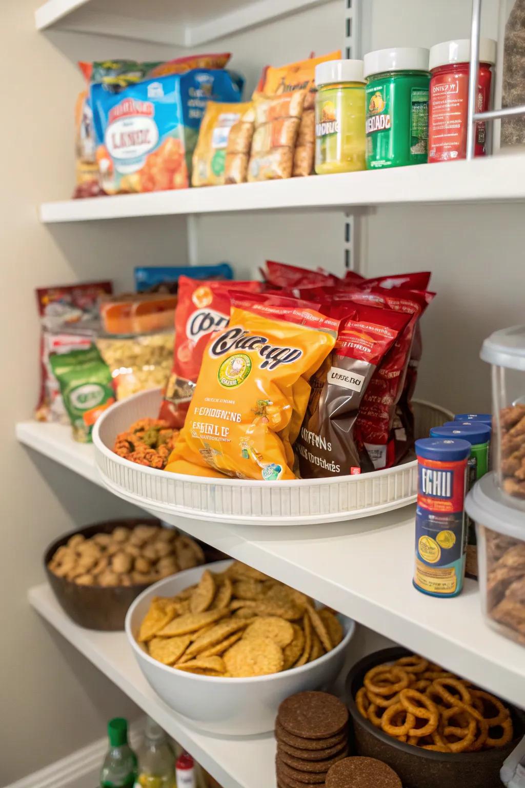 A Lazy Susan that is specifically designed for organizing snacks is an effective tool.