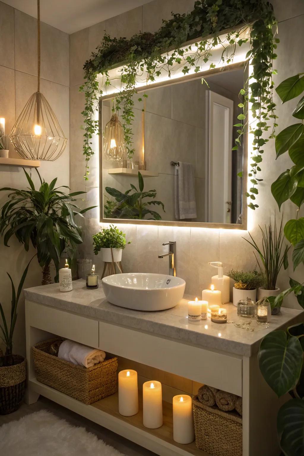A personalized bathroom area enhanced by an illuminated mirror and decorative elements.