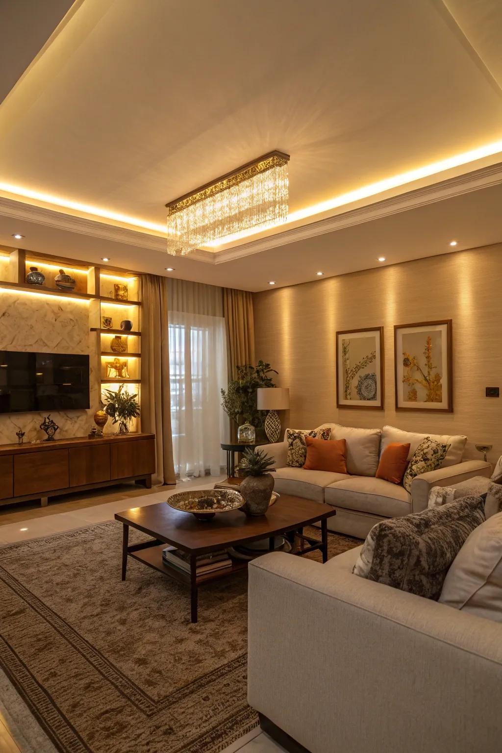Sophisticated ambiance achieved with LED cove illumination.