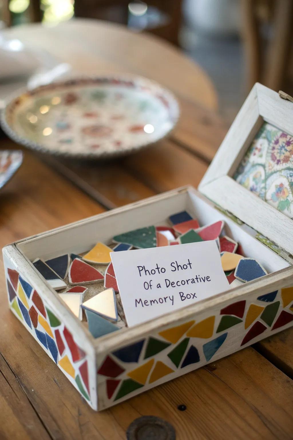 A memory box overflowing with broken plate fragments and heartfelt notes.