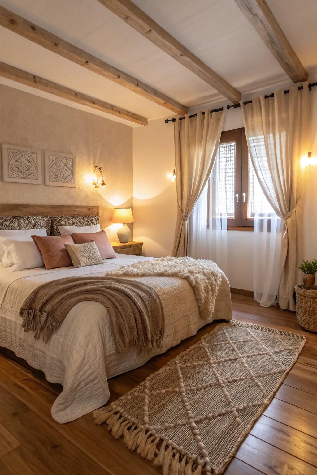 Pale brown flooring contributes warmth to this inviting bedroom.