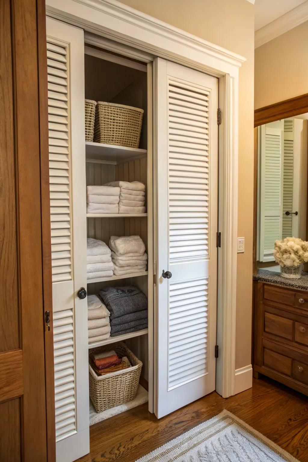 Apertured doors furnish airflow and ageless panache for a linen closet.