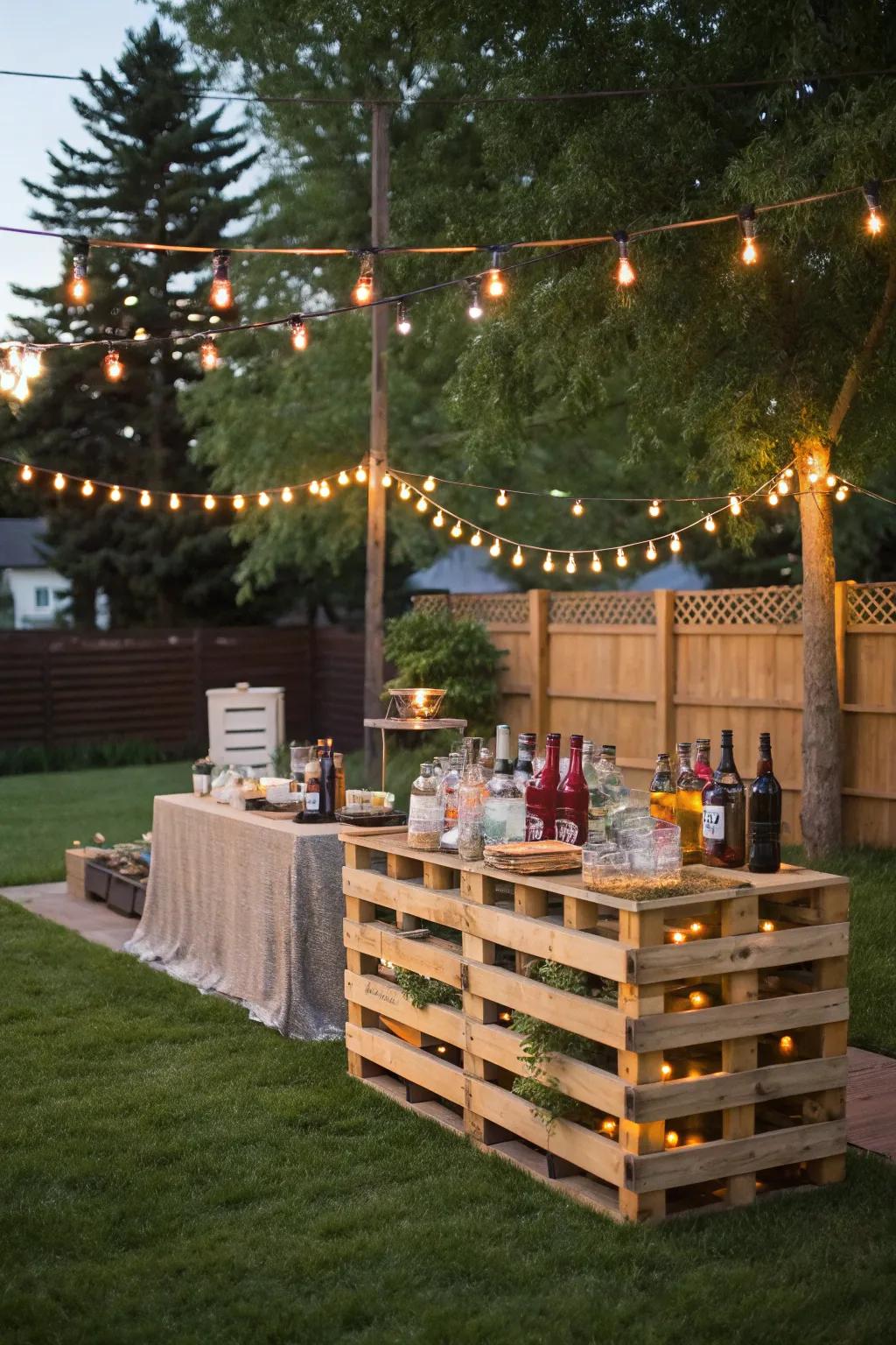 A hand-built wood plank bar ideally suited for outdoor get-togethers.