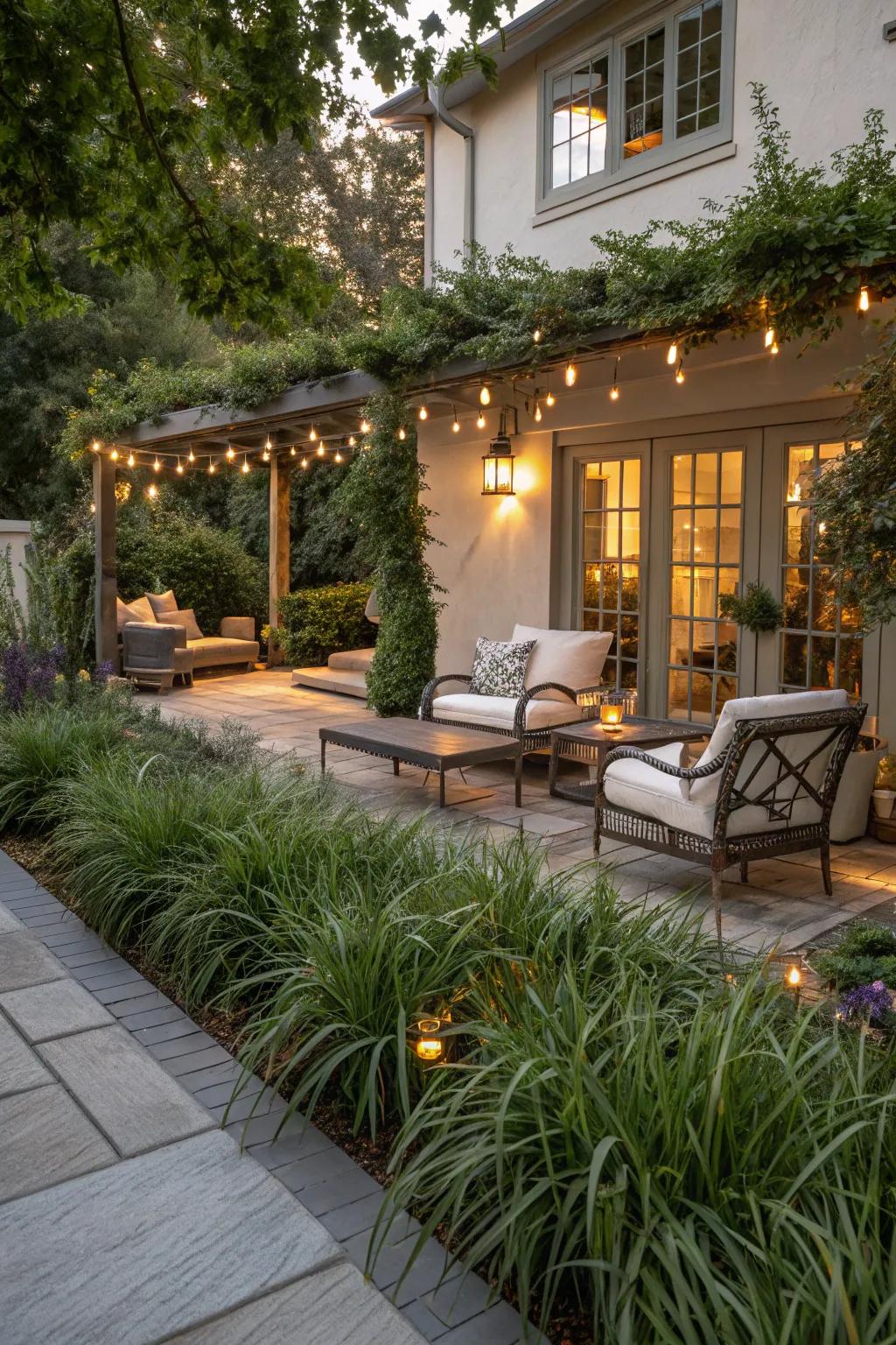 A patio area framed by 'fountaingrass', supplying a seamless mix of indoor and exterior living.